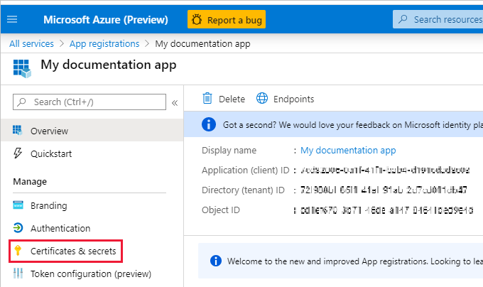 Capture d’écran de la page Vue d’ensemble de la nouvelle application. Dans le volet de navigation, la page Certificats et secrets est mise en surbrillance.