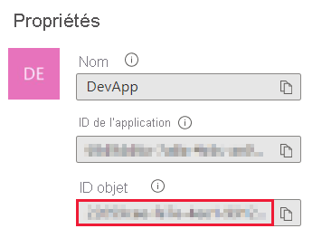 Capture d’écran de la fenêtre Portail Azure, qui montre l’ID d’objet principal dans la section Propriétés du panneau Vue d’ensemble d’une application Microsoft Entra.