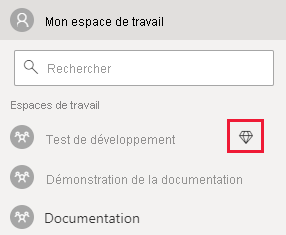 Capture d’écran du service Power BI. Dans la liste Espaces de travail, un diamant est visible en regard du nom d’un espace de travail auquel une capacité est affectée.