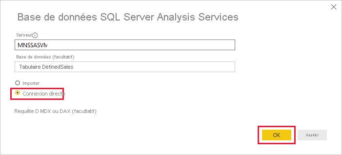 Capture d’écran des détails de l’instance Analysis Services.