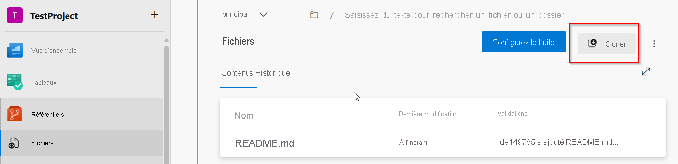 Capture d’écran de l’interface utilisateur pour cloner un référentiel dans le cadre de l’intégration d’Azure DevOps à PBIP.