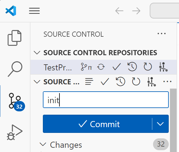 Capture d’écran de l’interface utilisateur associée à Commit (Commiter) dans VS Code.