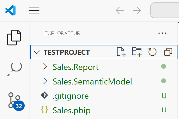 Capture d’écran de l’enregistrement d’un PBIP dans VS Code.