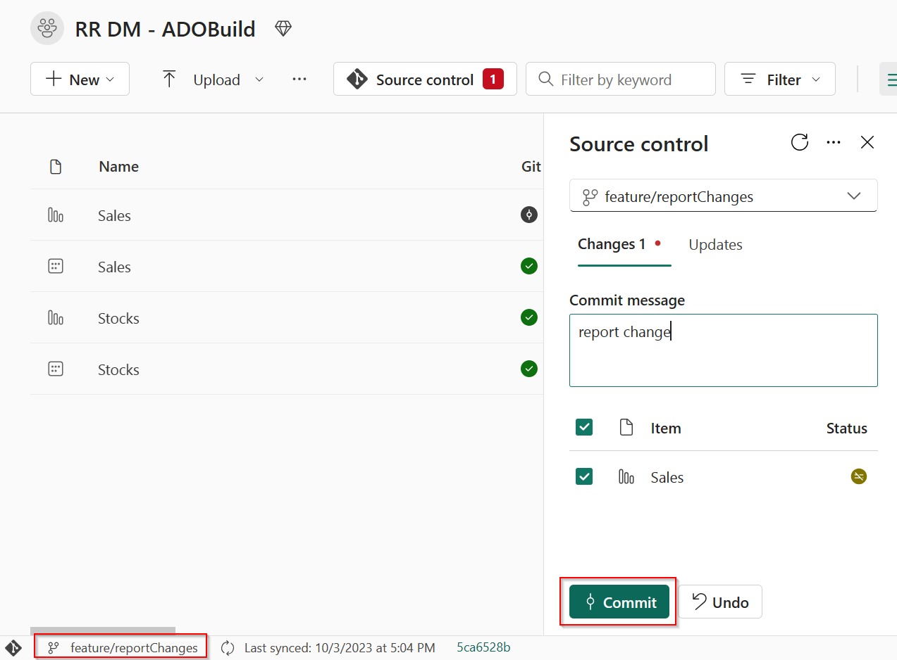 Capture d’écran montrant la validation des modifications apportées à la branche.