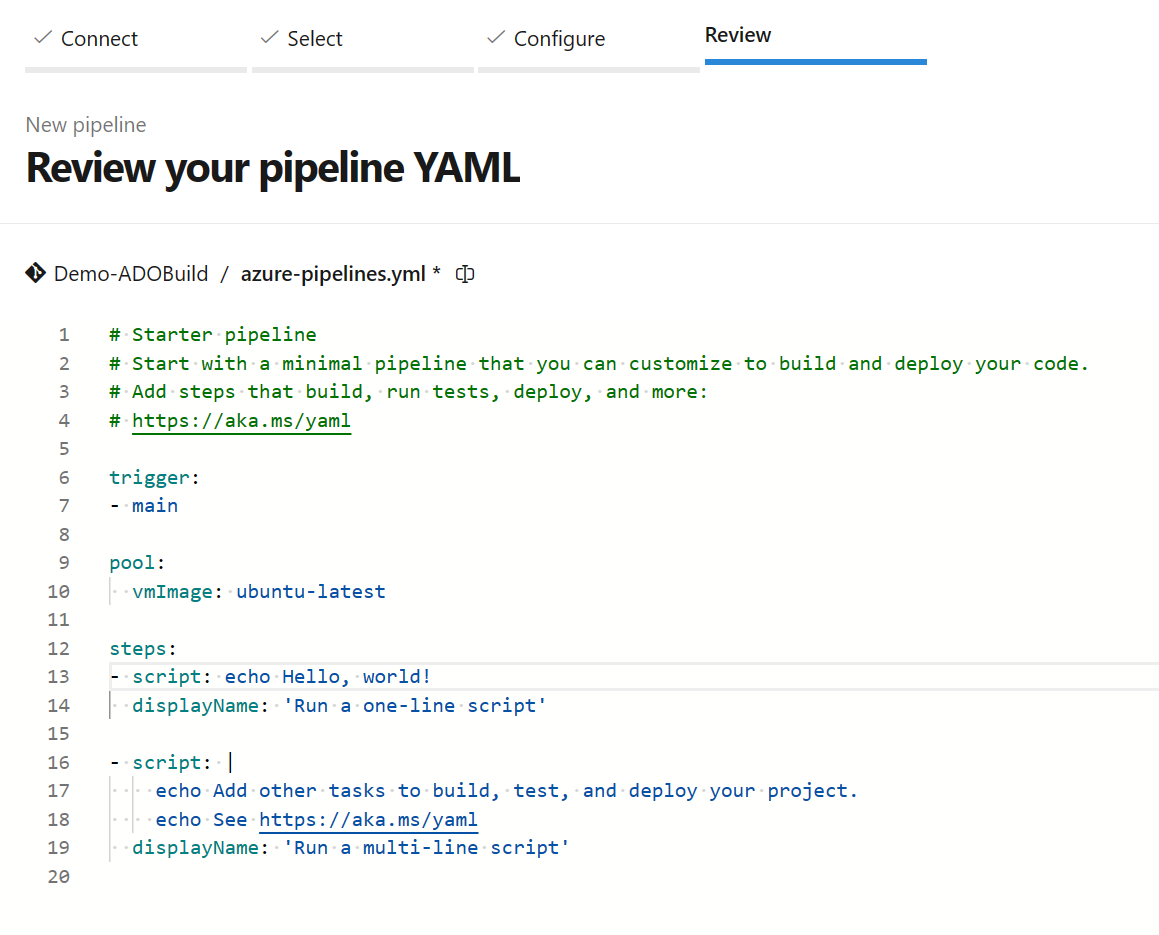 Capture d’écran montrant le code YAML par défaut.