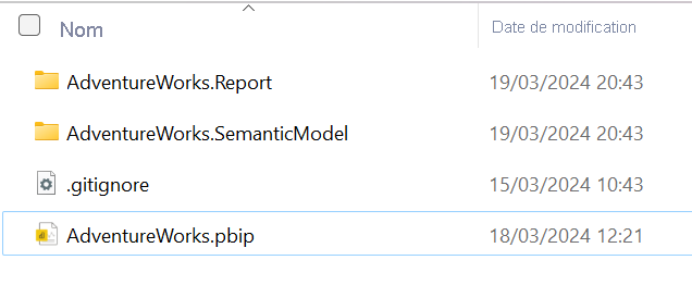 Capture d’écran illustrant les fichiers du projet Power BI