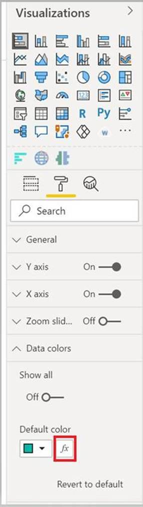 Capture d’écran du bouton de mise en forme conditionnelle, tel qu’il apparaît dans Power BI, en regard du bouton des couleurs normales.