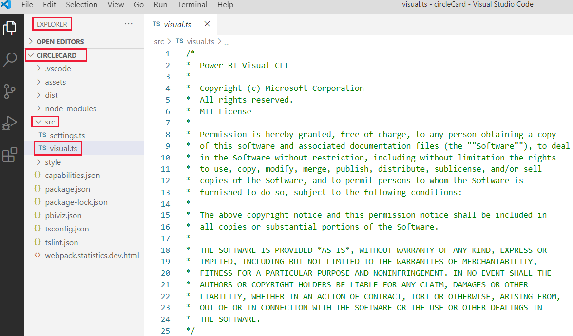 Capture d’écran de l’accès au fichier visual.ts dans VS Code.