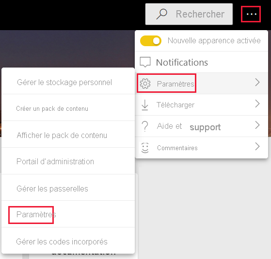 Capture d’écran des paramètres, général, option de menu dans le service Power BI.