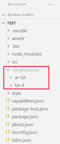 Une capture d’écran de VS Code d’un dossier de projet visuel. Le dossier des ressources de chaînes a deux sous-dossiers, un pour l’arabe et un pour l’hébreu.