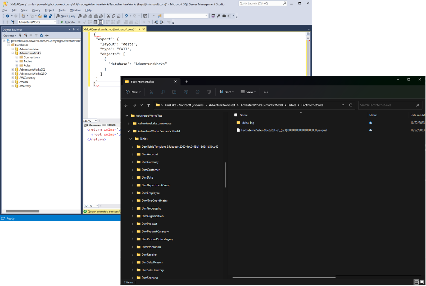 commande d’exportation TMSL dans SSMS.