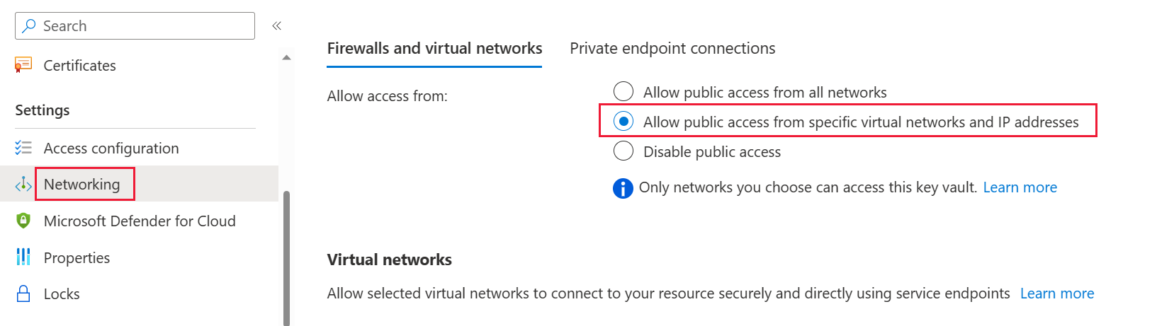 Capture d’écran montrant l’option de mise en réseau d’Azure Key Vault, avec l’option Pare-feu et réseaux virtuels sélectionnée.