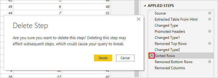 Capture d’écran de Power BI Desktop montrant la boîte de dialogue Supprimer l’étape.