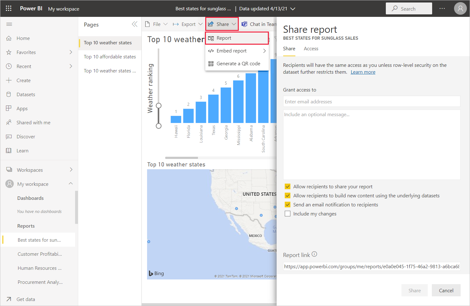 Capture d’écran de Power BI Desktop montrant l’écran Partager le rapport.