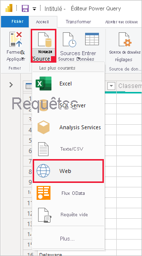 Capture d’écran de Power BI Desktop montrant l’Éditeur Power Query qui sélectionne Web à partir de Nouvelle source.