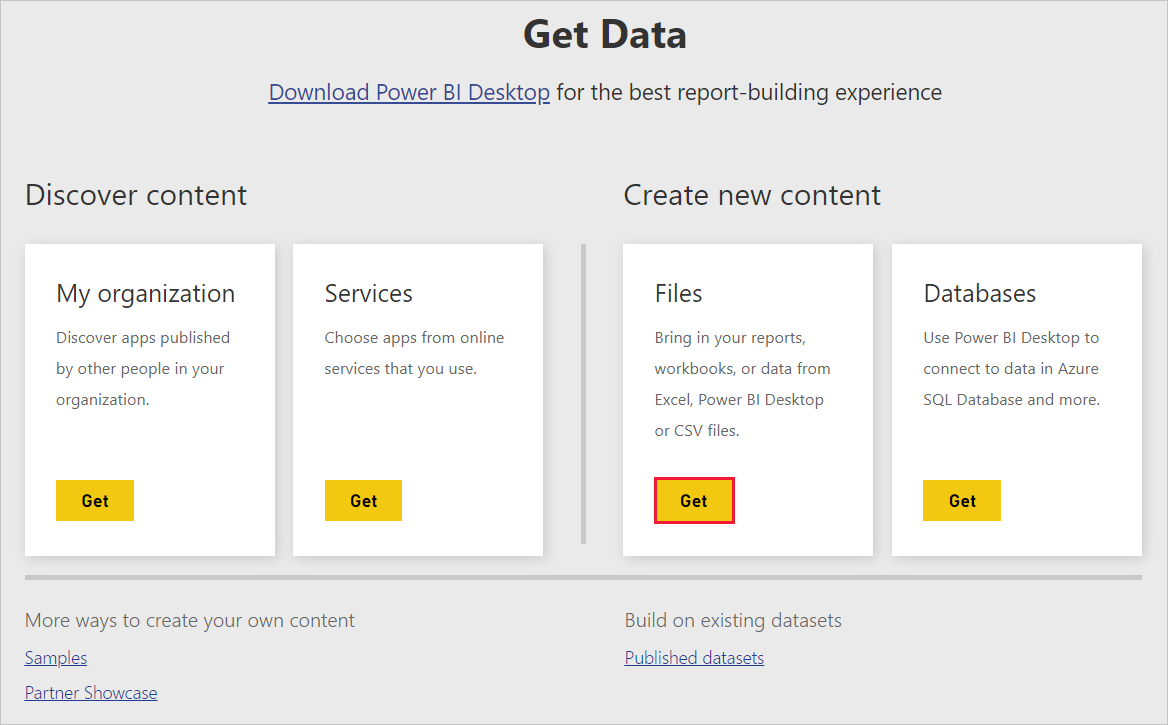 Capture d’écran de Power BI Desktop montrant l’écran Obtenir des données.