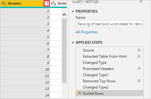 Capture d’écran de Power BI Desktop montrant les lignes triées apparaissant dans les étapes appliquées.