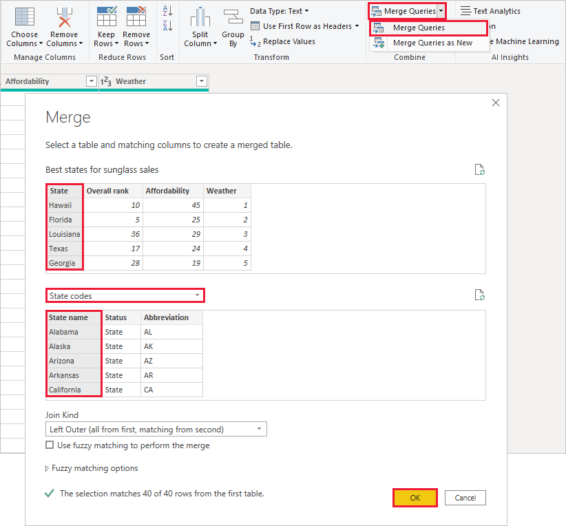 Capture d’écran de Power BI Desktop montrant la fenêtre Fusionner des requêtes.