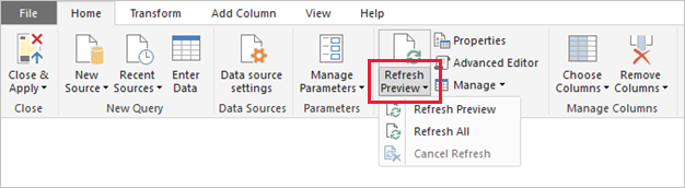 capture d’écran de Power BI Desktop montrant les commandes de l’éditeur Power Query pour actualiser les données d’aperçu.