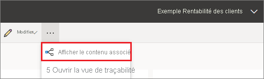 Capture d’écran du service Power BI, mettant en évidence l’icône Autres options et l’option Afficher le contenu associé.