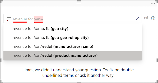 Capture d’écran du champ question Q&A. Les mots non reconnus sont soulignés en rouge.