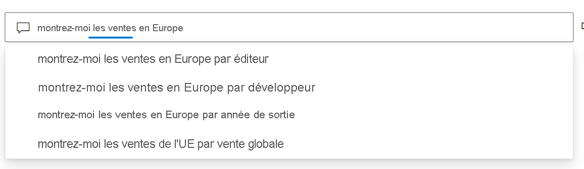 Capture d’écran montrant une expression entrée dans la zone de recherche de Questions et Réponses avec des phrases en saisie semi-automatique dans la liste déroulante.