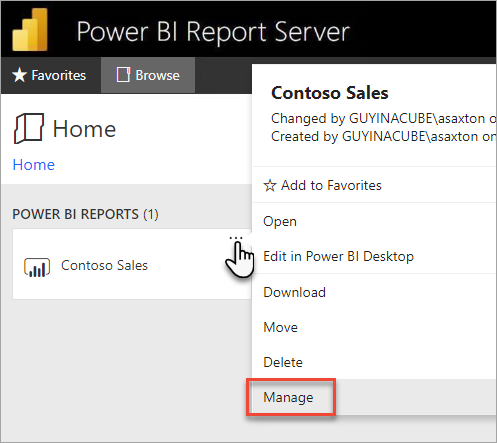 Select Manage from the Power BI report context menu