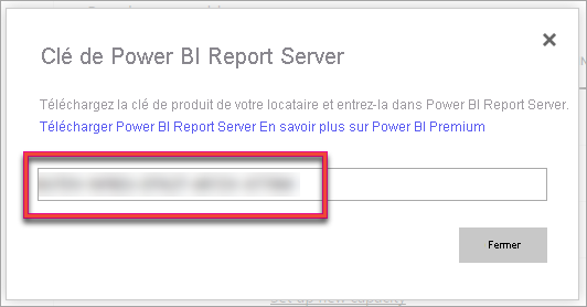 Capture d’écran de la clé de produit Power BI Report Server.