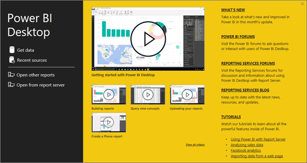 Power BI Desktop start screen