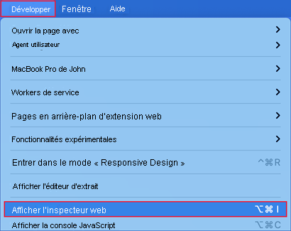 Capture d’écran de la case Afficher le menu Développement avec l’option Afficher l’inspecteur web sélectionnée.