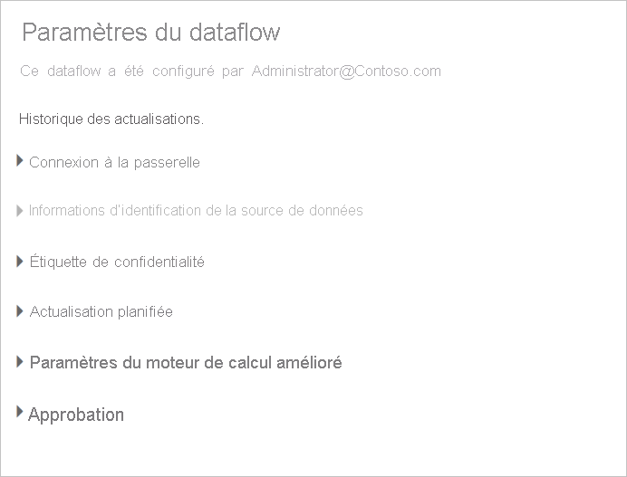 Capture d’écran de la page Paramètres d’un flux de données après avoir sélectionné Paramètres dans la liste déroulante du flux de données.