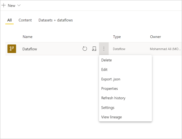 Capture d’écran d’un flux de données sélectionné avec le menu déroulant Plus ouvert.