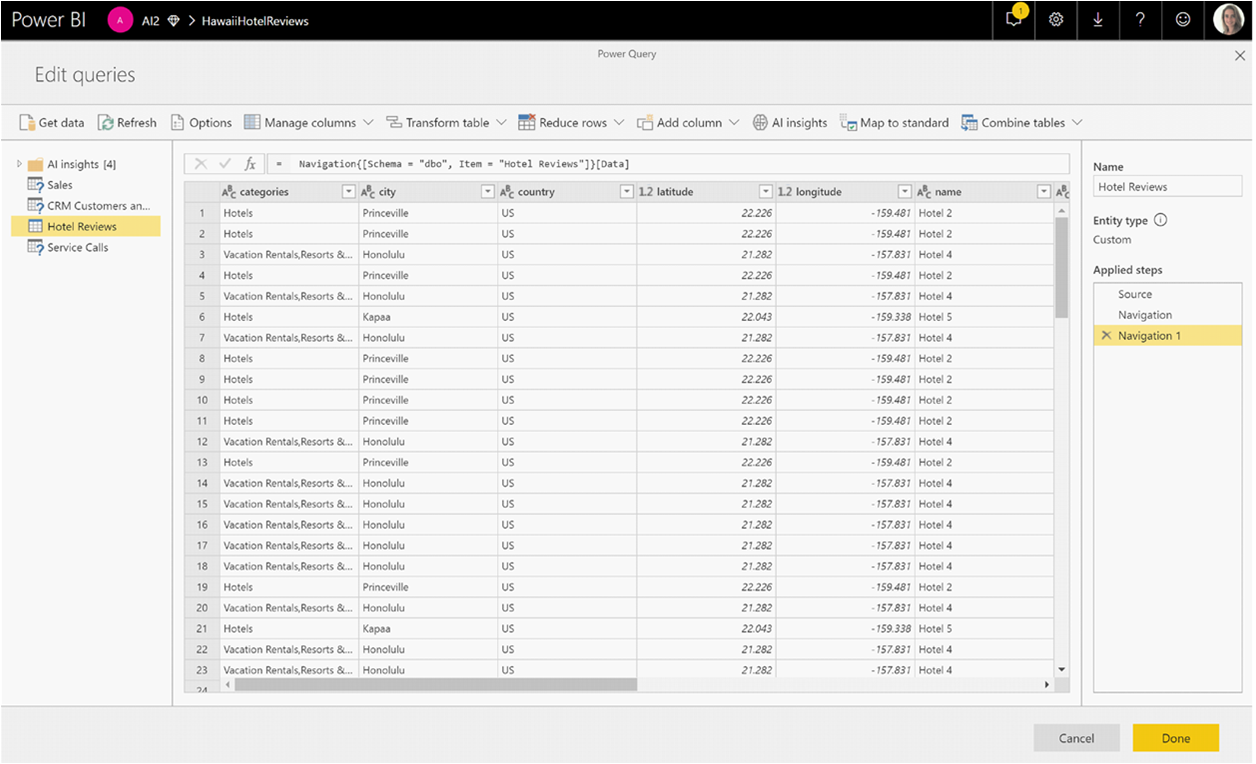 Capture d’écran de Power Query avec une entité ouverte.