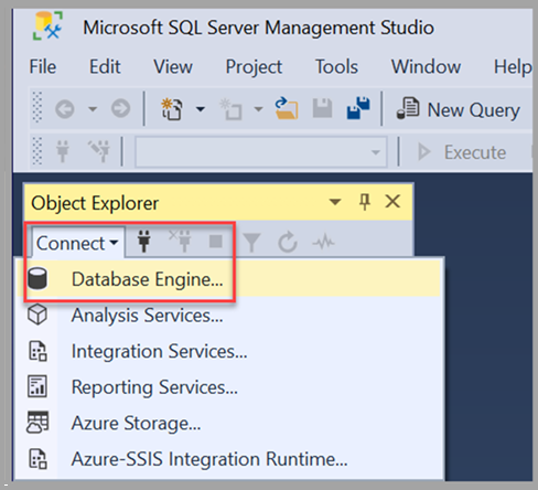 Capture d’écran de l’option Moteur de base de données dans SSMS.