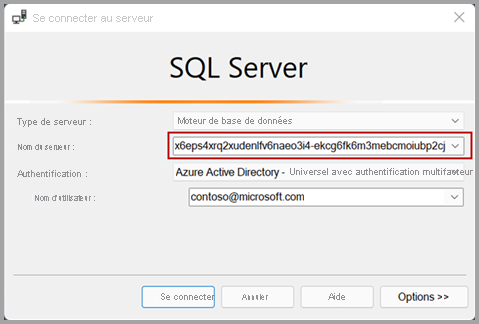 Capture d’écran de la fenêtre Serveur SQL - Se connecter au serveur.