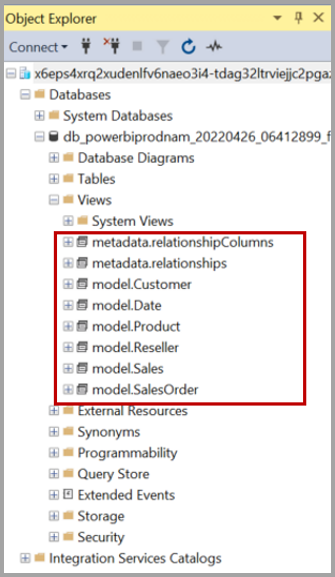 Capture d’écran de l’explorateur d’objets montrant les tables et vues des datamarts.