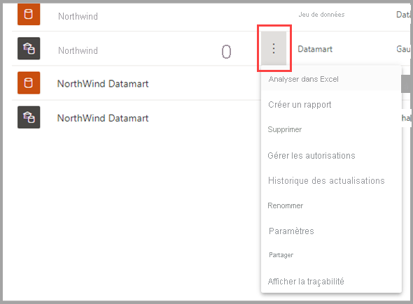 Capture d’écran du menu contextuel datamart.