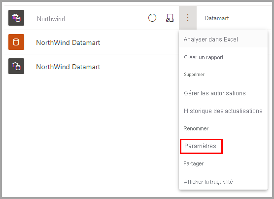 Capture d’écran du menu contextuel datamart avec les paramètres sélectionnés.