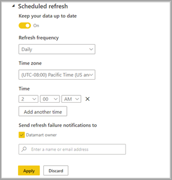 Capture d’écran du menu d’actualisation planifiée de datamart.