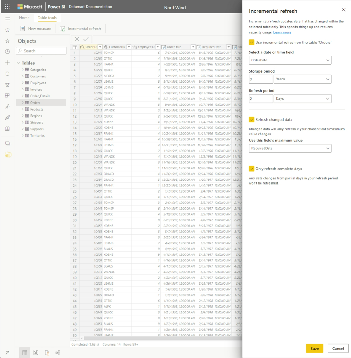 Capture d’écran de la configuration de l’actualisation incrémentielle d’une table dans un datamart.