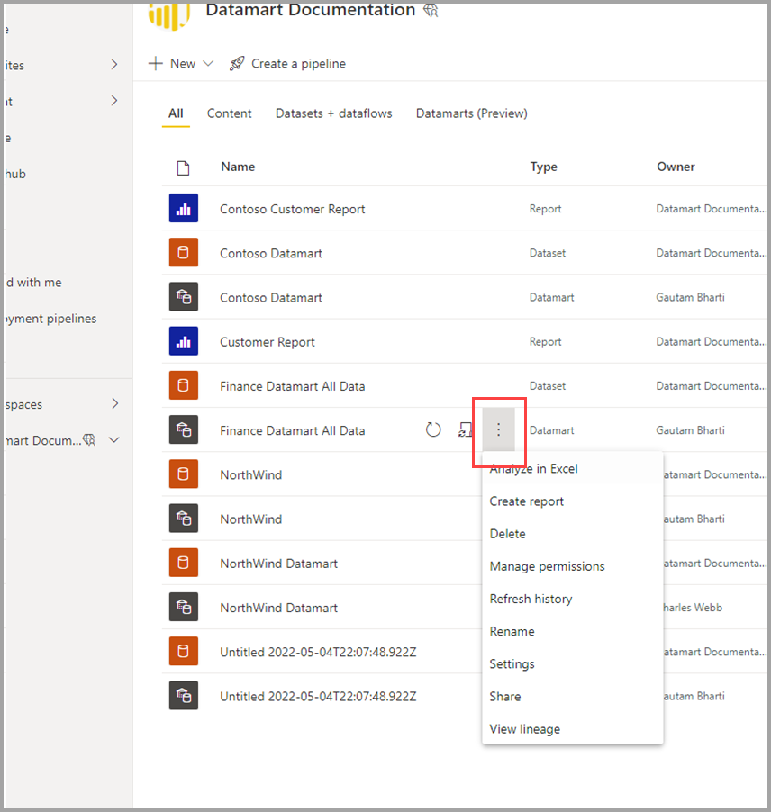 Capture d’écran de la sélection du menu contextuel dans un datamart dans l’espace de travail.