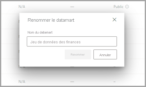 Capture d’écran du changement de nom d’un datamart à partir de l’espace de travail.