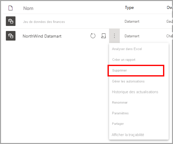 Capture d’écran de la suppression d’un datamart à partir de l’espace de travail.