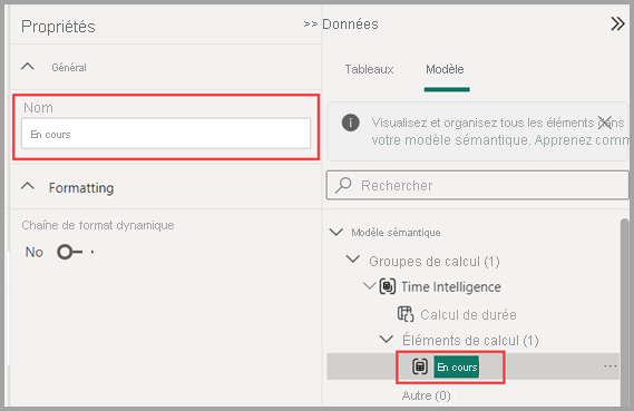 Capture d’écran montrant comment renommer un élément de calcul.