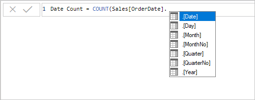 Capture d’écran d’exemple d’entrée d’une expression de mesure DAX dans la barre de formule.