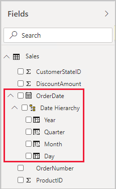 Capture d’écran montrant un exemple du volet Champs, avec la table Sales développée.