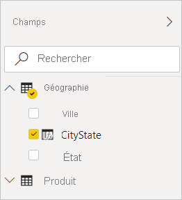 Capture d’écran de Power BI Desktop montrant l’élément CityState coché dans le filtre Géographie de la vue Champs.