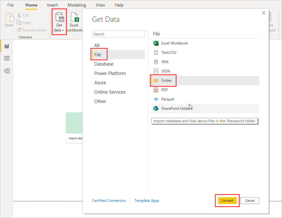 Screenshot of the Get Data dialog box highlighting the choice to connect to a folder.