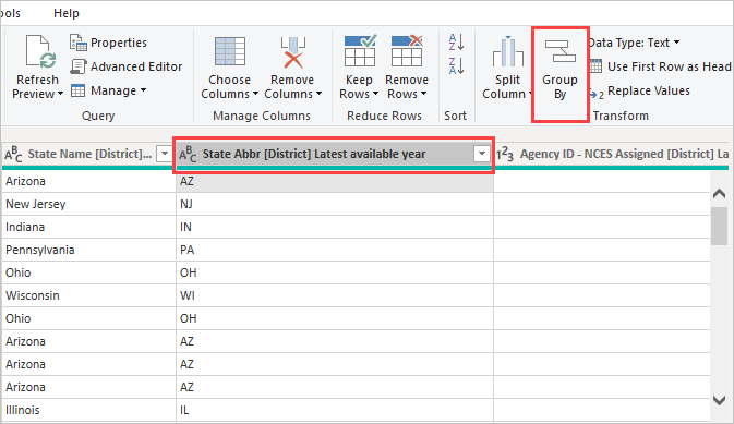 Screenshot of Power Query Editor highlighting the Group By button in the ribbon.