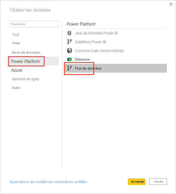 Capture d’écran des flux de données sélectionnés sous l’onglet Power Platform de l’écran Obtenir des données.